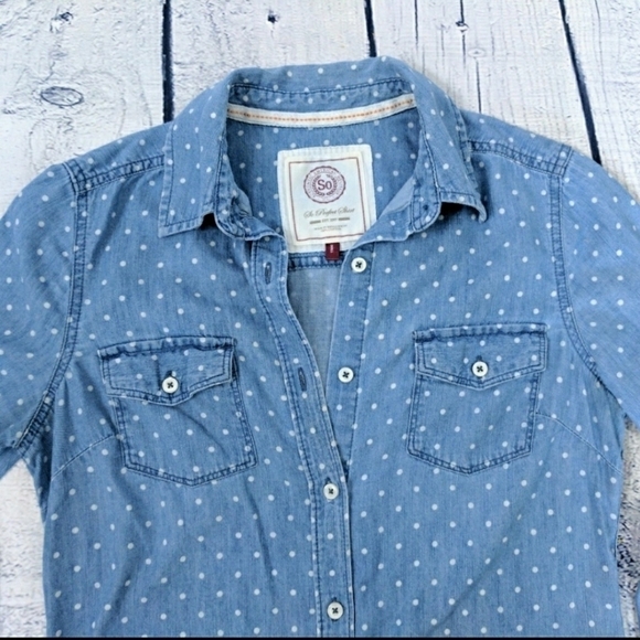 SO Perfect Shirt Button Chambrey Swiss Dots Juniors / Jr XL Blue White Spring - Picture 3 of 6